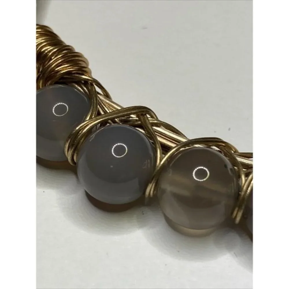 Canvas Bracelet Gold Tone Beaded Gray  Wrapped‎ Wire Hook closure